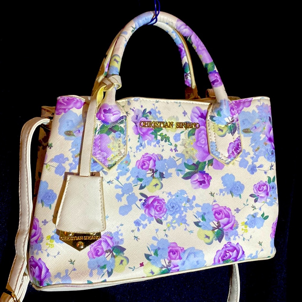 Christian Soriano handbag white w floral print purple light blue and green leafs